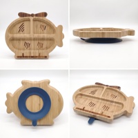 Ensemble de vaisselle pour enfants en bambou en forme d'hélicoptère de dessin animé, assiette à ventouse à 3 compartiments, cuillère et fourchette en silicone de qualité alimentaire