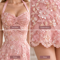 Mini-robe personnalisée pour femme en dentelle et maille, broderie florale, ornements de sequins, col licou, buste froncé, coupe trapèze