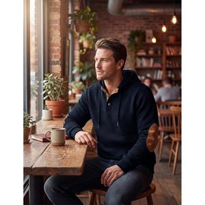 FOXA <b>Men's</b> Hooded Sweatshirt Cotton Textured Long Sleeve Half Button <b>Pullover</b> Breathable Casual Wear - Product Image 4