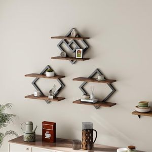 Étagères murales en bois minimalistes SENYU avec cadre métallique, design polygonal à double niveau pour le rangement dans le salon - Product Image 1