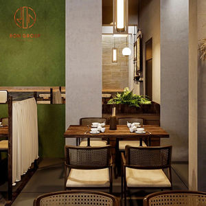 Ensemble de mobilier de restaurant moderne, tables rectangulaires en bois pour <span class=keywords><strong>café</strong></span> avec <span class=keywords><strong>grain</strong></span> naturel, chaises en rotin et sièges en tissu pour <span class=keywords><strong>café</strong></span> - Product Image 2