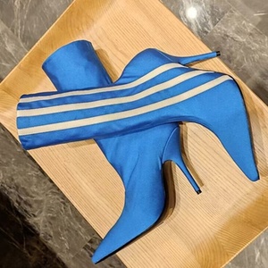 Four Seasons Short Elastic <b>Boots</b> Sexy Thin High Heels Pointed Toe Stripe Shoes Women's Stretchy Ankle Booties - Product Image 3