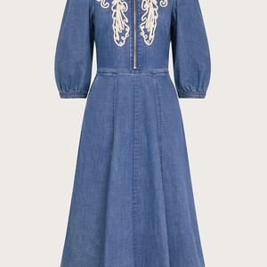 Vestidos de mezclilla elegantes de alta calidad para mujer, estilo boutique, al por mayor, con bordado, corte en A, personalizados, casuales, con media cremallera, estilo maxi. - Product Image 5