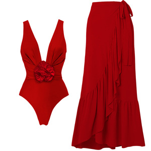 2024 Detachable 3D Flower Red One Piece <strong>Swimsuit</strong> and <strong>Skirt</strong> Vacation Swimwear <strong>Women</strong> Bikinis Beachwear Luxury Bathing Suits - Product Image 2