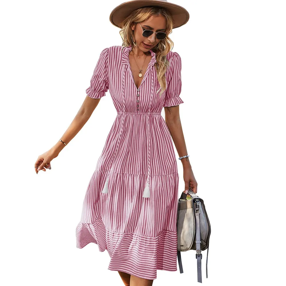 European Women's Summer Clothing 2022 New Hot Style Printed Fashion Loose Elegant Striped Dress