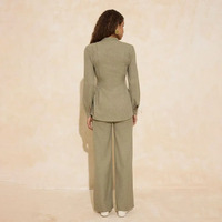 Set Koord Modis 2 Potong Wanita, Atasan Kancing Kerah Mandarin, Celana Lengan Lebar, Tampilan Linen, Set Atasan Celana Modis