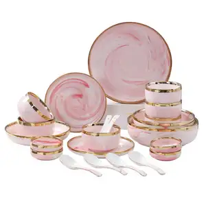 Juego de vajilla de porcelana china, plato de cerámica de mármol, rosa y dorado, estilo nórdico