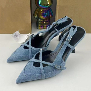 New Arrival: Women's Blue Denim High-Heel <b>Mule</b> Sandals, British Style Cross-Strap Backless Slip-On Shoes - Product Image 3