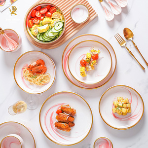 Service de table en céramique marbrée scandinave avec bord doré, assiettes et bols de luxe, esthétique moderne, vaisselle de <span class=keywords><strong>cuisine</strong></span> pour la maison - Product Image 5