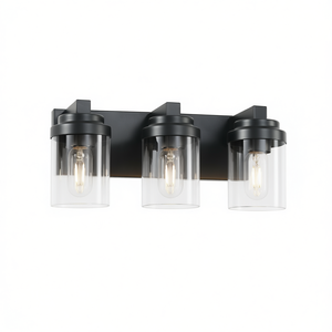 Lámpara de Baño de Hierro Negro Mate de 3 Luces con Pantalla de Vidrio Transparente, Estilo Industrial, Montaje en Superficie - Product Image 1