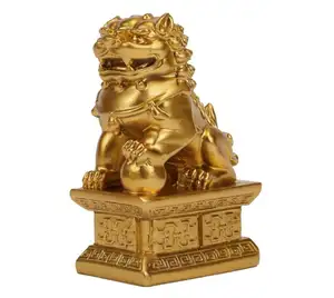 Foo Dogs Guardian Lion Statues - Gold Pair of Fengshui Fu Dogs Figurine - Housewarming Congratulatory to Ward Off Evil Energy