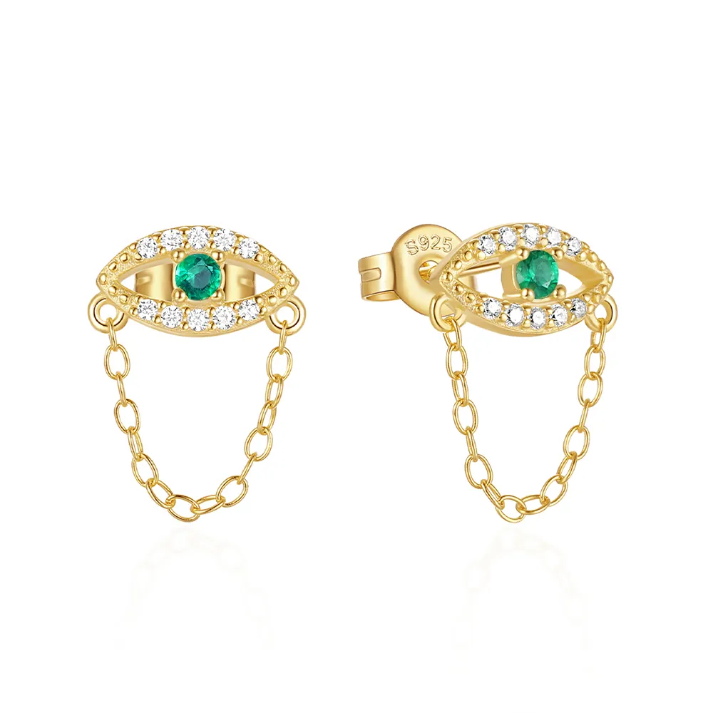 Fine Jewelry Tassel Luxury Green Eye-shaped Zirconia Pave Tassel Chain 925 Sterling Silver Hypoallergenic Stud Earring for Women
