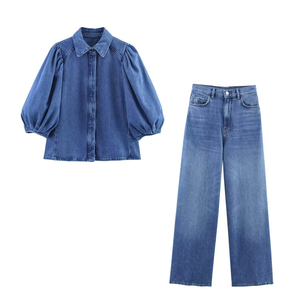 Chemisiers en denim à manches bouffantes pour femmes, nouvelle mode automne, chemises vintage à manches courtes, tops chics pour femmes - Product Image 1