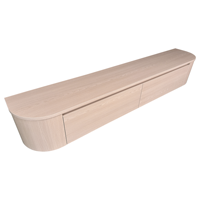 Meuble TV mural flottant avec panneaux incurvés, grand rangement, trois tiroirs, placage bois, console multimédia pour salon