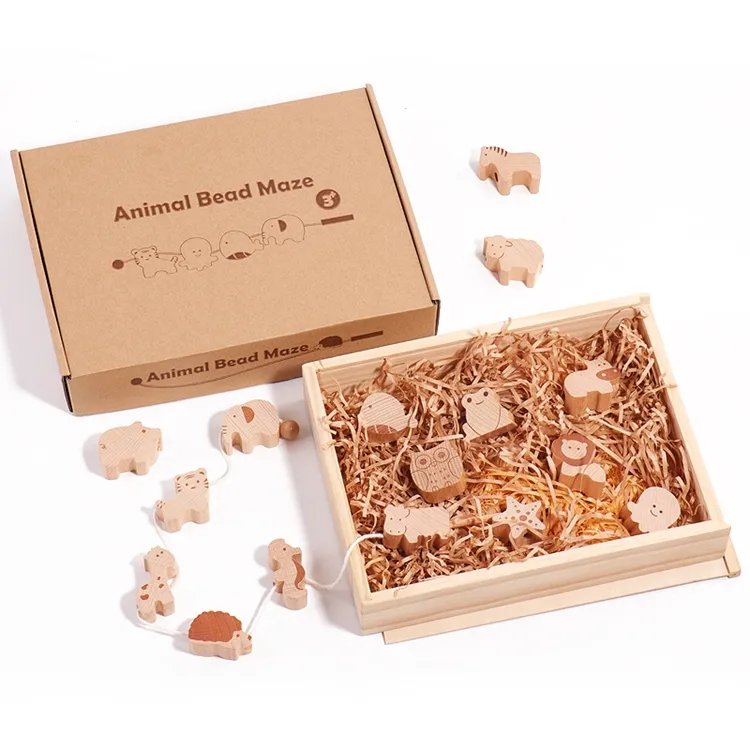 HOYE CRAFTS wooden threading toy natural beech animal stacking blocks lacing beads toy