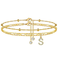 Gelang Kaki Wanita Grosir Lapis Emas 14K dari Kuningan, Set Gelang Kaki Inisial, Rantai Berlapis Manik-Manik yang Dapat Disesuaikan, Perhiasan Hadiah
