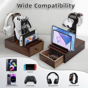 Wooden Game Controller Storage Rack With Drawers Headphone <b>Shelf</b> <b>Desktop</b> E Sports Organizer Solid Wood Multi Purpose Organizer - Product Image 2