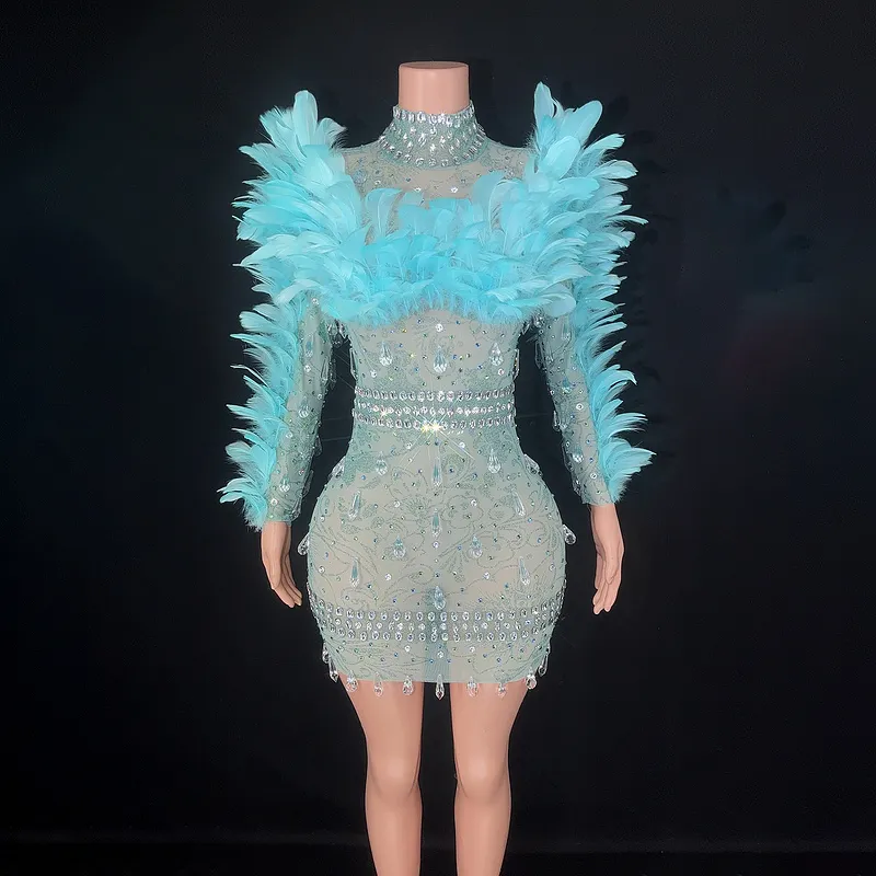Empire Cocktail Dresses Blue Feather Elegant Crystals Porm Dresses Sexy See Through Mini Club Dresses For Evening Party