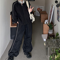 Ensemble de survêtement noir 2 pièces, veste coupe-vent et pantalon large, tenue décontractée de printemps pour femmes