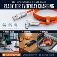 Câble de charge rapide USB vers Type-C en cuivre pur à 180 degrés pour ordinateur avec connecteurs en alliage de zinc, vente directe usine