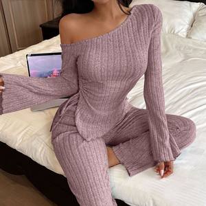 Best Seller Women's Winter <strong>Nightwear</strong> Set <strong>Sexy</strong> Off-Shoulder Asymmetric Long Sleeve Pants Two-Piece Homewear - Product Image 3