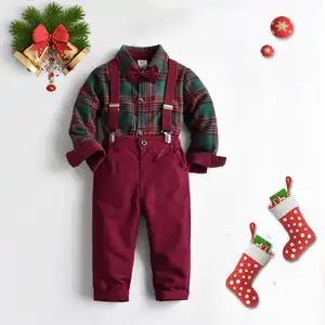 1 sampai 7 tahun anak-anak pakaian natal anak laki-laki Set 2024 pakaian anak-anak Natal Formal anggur merah kemeja kotak-kotak setelan untuk bayi laki-laki