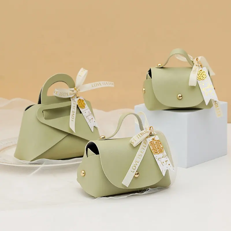 Wholesale INS DIY Small Green Handbag Shape Birthday Party Wedding Gift Leather Candy Sweet Box Bag with Bowknot