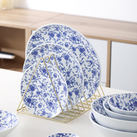 Service de vaisselle en porcelaine Fine, bleu et blanc, impression florale, vaisselle de Table, assiettes à dîner faites à la main, réglage de Table