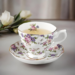 Ensemble tasse et soucoupe en porcelaine fine à pois floraux <span class=keywords><strong>vintage</strong></span>, motifs imprimés personnalisés, logo, résistant au lave-vaisselle et à la chaleur - Product Image 2