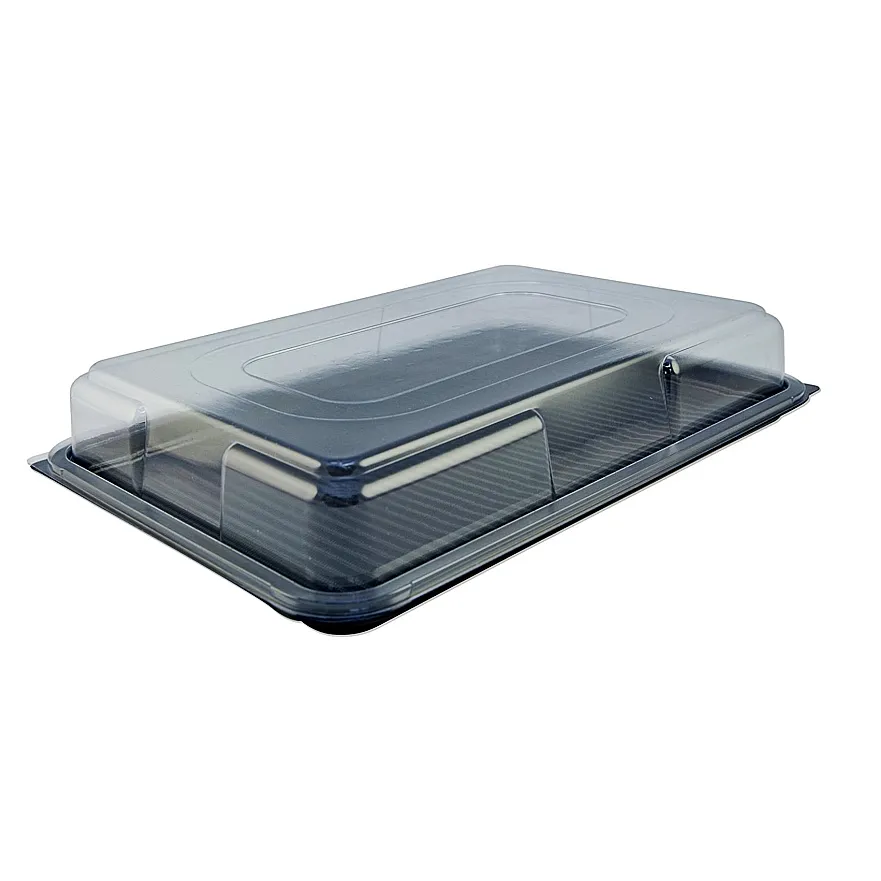 Hochwertige schwarze rechteckige stapelbare Lebensmittel-Catering-Tablett durchsichtige Kunststoff-Sandwich-Box-Platten mit transparenten Deckeln