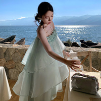 Robe longue style français unie et élégante, à volants superposés effet gâteau, fluide et étagée, romantique, pour les vacances à la plage et l'été