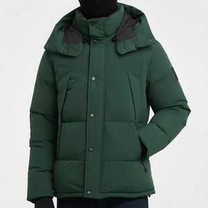 Veste d'hiver matelassée à capuche pour homme, vert uni, coupe-vent, décontractée, col montant, fermeture à boutons - Product Image 1