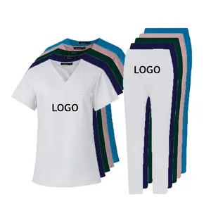 Logo stampato 1MOQ all'ingrosso di colore bianco donna donna medico ospedale scrub nuovo stile 1 tasca scollo a V uniforme da infermiera per medico