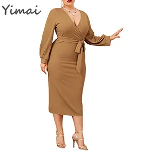Yimai High Quality Elegant Long Lantern Sleeve Deep V Neck Women's Plus Size Belted Bodycon Dress