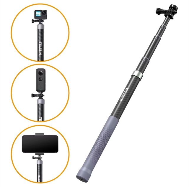 Telesin Portable Selfie Stick for Go Pro Hero 13 DJI Action 5 Sport Cameras 1.2 Meters Extend Carbon Fiber Selfie Stick