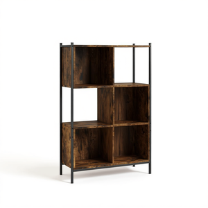 Smoked <b>Oak</b> Bookcase 6 Cubbies Powder Coated Steel <b>Frame</b> Modern Living Room Furniture - Product Image 1