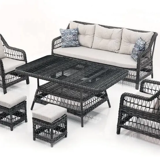 Mesa de jardín de mimbre hecha en Turquía, conjunto de muebles 3 + 1 + 1, carcasa de aluminio de primera calidad