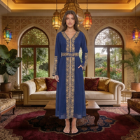 Robe Musulmane de Luxe Tendance 2026 Nouvelle Collection Dubaï Broderie Dorée Perles Élégante Robe Bleue Longue Abaya pour Femme