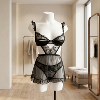 Set Lingerie Hitam Berbahan Lace, Gaun Slip Mesh dengan Ruffle, Pakaian Tidur Transparan untuk Wanita
