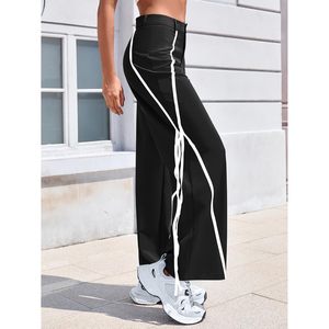 Fisoew Pantalones anchos para mujer, pantalones Palazzo con rayas laterales y cintura alta, pantalones casuales de pierna recta - Product Image 3