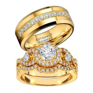 1CT Cubic Zirconia Wedding <b>Ring</b> <b>Set</b> for Women & <b>Men</b> Yellow Gold Plated Bridal Couple <b>Rings</b> Elegant Wedding Band - Product Image 1