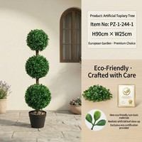 Arbre Topiaire Artificiel Triple Boule de 70 cm en PE, Feuillage de Buis Réaliste, Pot Noir, Résistant aux UV, Lot de 2, Sans Entretien