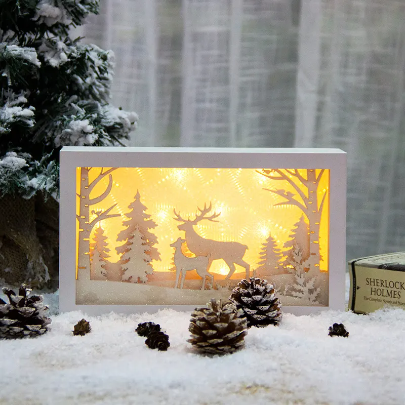 Popular design 3D Wooden Frame Christmas Lighting Light Box Papercut Shadow LED Night Lighted Picture Paper Carving Lamp