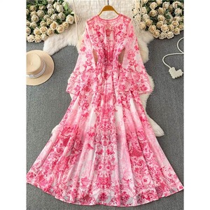 Vestido Maxi de Mujer al por Mayor, Estilo Vintage, Elegante, Estampado, con Cuello en V Profundo, Manga Campana, Abertura Alta, Cintura Alta, para Vacaciones, Fiesta, Boutique, Moda - Product Image 5