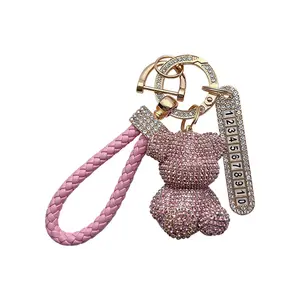 Fashion Rhinestone Keychain Bling Bear Keyring Diamond Small Bear Wristlet Keychain Pendant pom pom Bear Keychain