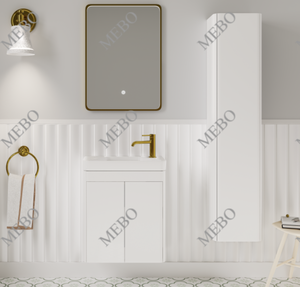 Ensemble de meuble-lavabo mural blanc <span class=keywords><strong>MEBO</strong></span> pour petite salle de bain, avec double porte, armoire latérale haute assortie et lavabo intégré en résine - Product Image 1