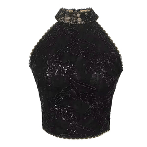 ZYHT 20483 negro lentejuelas encaje Mujer camiseta <span class=keywords><strong>sin</strong></span> mangas <span class=keywords><strong>cuello</strong></span> Halter <span class=keywords><strong>blusa</strong></span> Chic Slim Sexy corto cintura alta Crop Top - Product Image 5