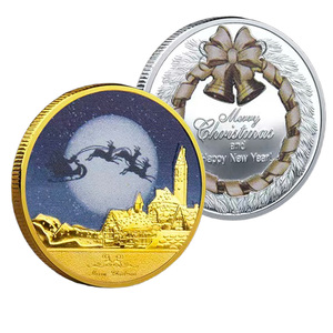 Pièces commémoratives de Noël personnalisées en alliage de zinc 3D traditionnel, avec impression UV, couronne plaquée or et argent en relief - Product Image 2