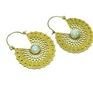 Wholesale Gold Bohemian Style Brass <b>Hoop</b> Earrings with Rainbow Moonstone for Women's Anniversary Occasion - Product Image 2