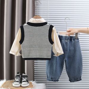 Tenue d'automne 3 pièces pour bébé garçon, <span class=keywords><strong>gilet</strong></span> en tricot rayé, chemise à manches longues, pantalon en jean - Product Image 4